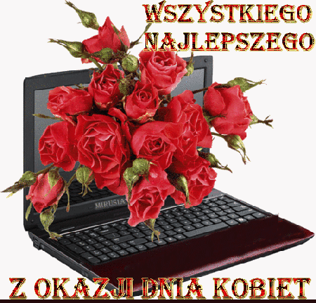Róże w laptopie i życzenia 8 marca